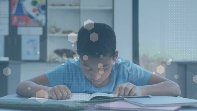 Boy tracing text, scanning pages, leaning resting head for study, hex overlay appearing over book