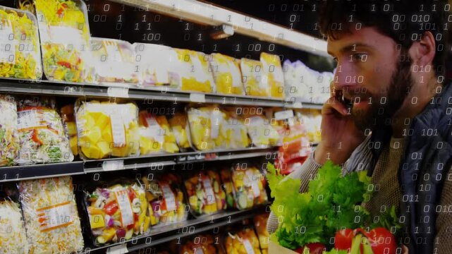 Receiving call, man in store holding phone, scanning salads while digital overlay aiding choice