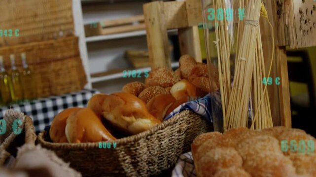Camera moving closer to bakery basket, teal labels clustering over breads, showing product data