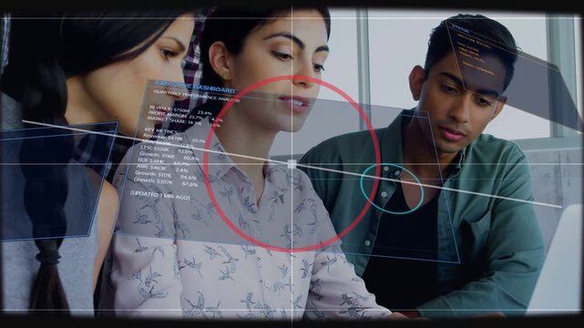 Center woman tapping laptop trackpad and guiding team at desk, HUD revealing analytics for business