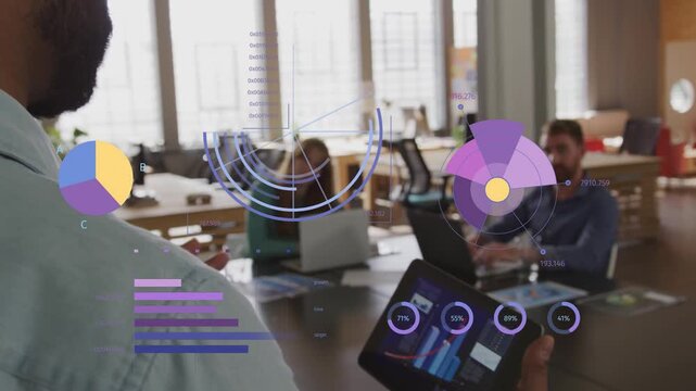 Host rotating tablet in meeting making biz charts shift as camera pulling back and team reviewing