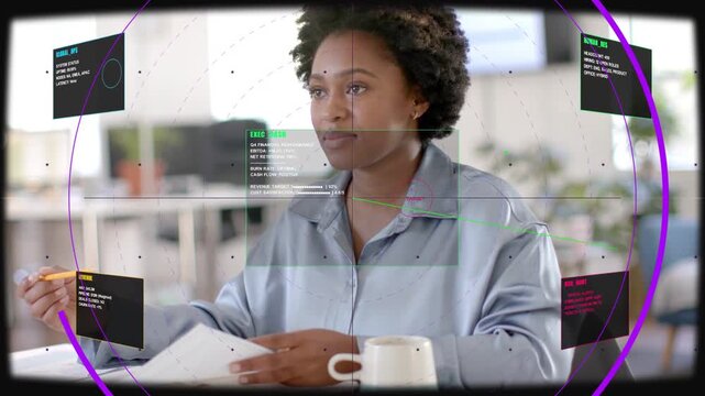 Woman tapping tablet in office, HUD tracking faces and annotating documents for team review