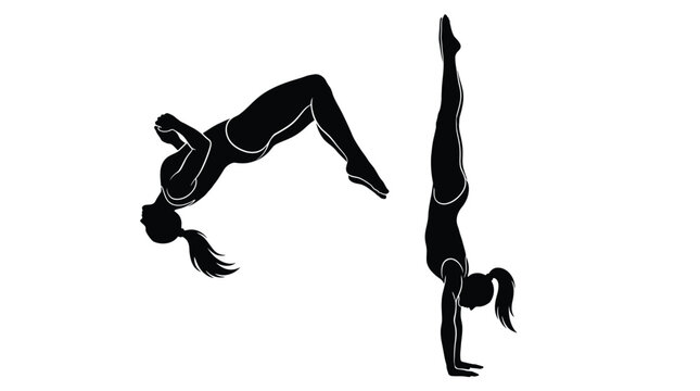 Silhouette of a female gymnast performing a backflip and a handstand