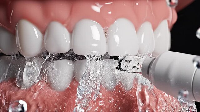 Macro View of Water Flosser Cleaning Teeth and Healthy Gums
