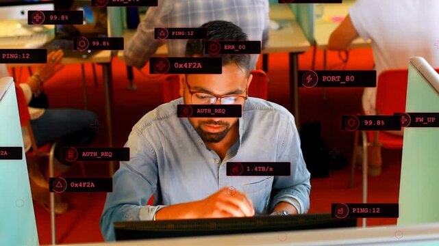 Man at workstation pausing with red HUD alerts proliferating, then typing to contain network breach