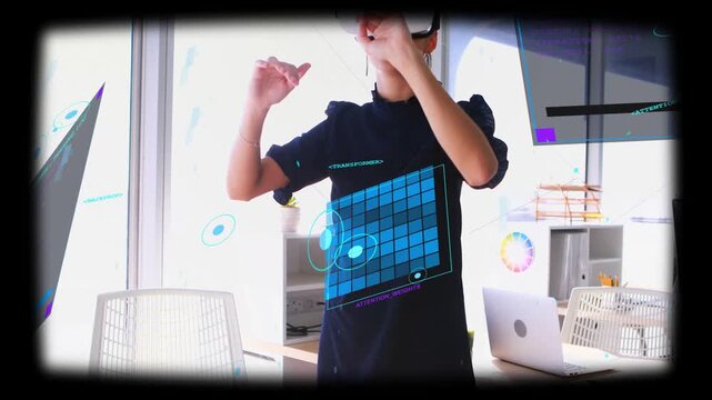 Office woman raising hands, donning VR headset, manipulating blue holographic grid, exploring data