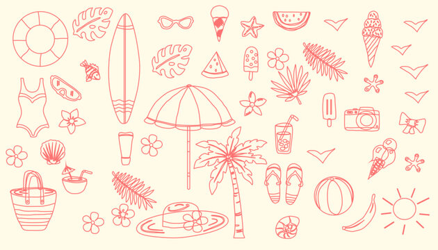 set of vector doodle summer elements sun, palm tree, beach umbrella, tropical flowers  summer time poster, card