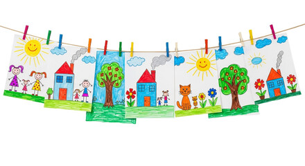 Obraz premium Hand-drawn colorful village scene banner with animals, houses, and nature under sunny sky