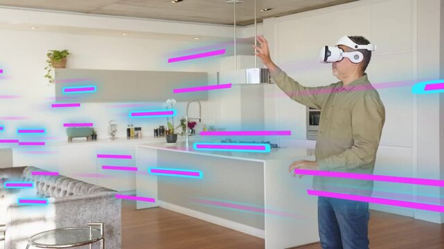 Man wearing VR headset raising right arm, selecting virtual UI, testing tech, neon streaks guiding