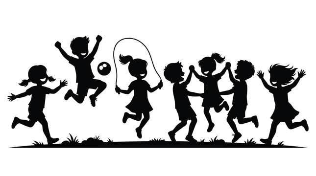 Silhouettes of happy children playing outdoors, jumping, running and skipping rope, vector illustration