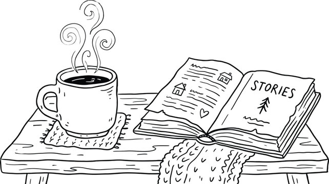 Hand-drawn vector illustration of a cozy scene with a steaming coffee cup, an open book with 'stories' text, and a knitted blanket on a wooden table.