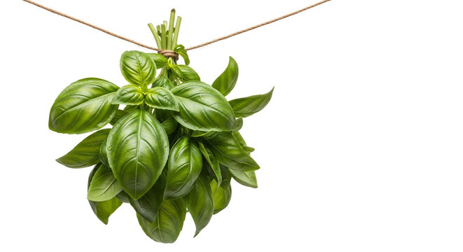 Fresh green basil bunch hanging to dry on natural twine in bright daylight