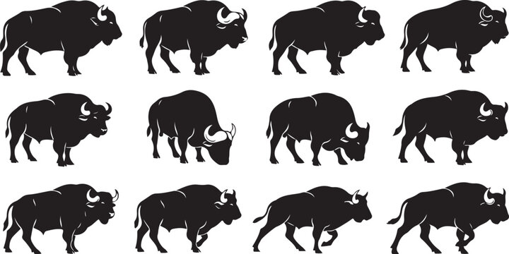 Black silhouettes of bison walking in various directions