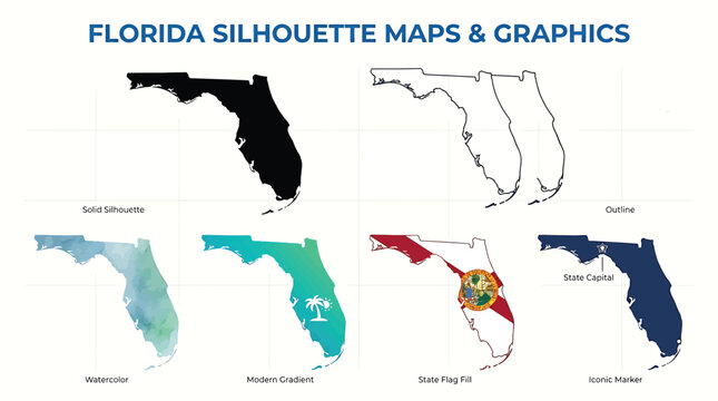 Set of florida state silhouette maps and graphics, including solid black, outline, watercolor, modern gradient, state flag fill, and iconic marker styles