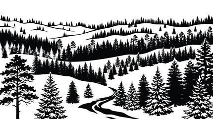 Winter landscape with pine forest, snowy hills and a winding road, black and white vector illustration © Hikari Vector Studio