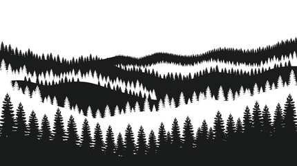 Seamless horizontal border of coniferous forest black silhouette of pine trees on vector illustration of nature landscape © Hikari Vector Studio