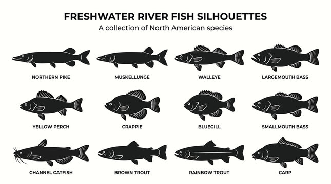 Freshwater river fish silhouettes collection of north american species