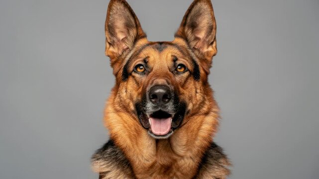 Close up of happy German Shepherd dog with open mouth on gray background