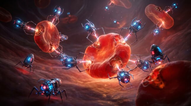 3D illustration of nanorobots attacking cancer cells in human body with glowing particles