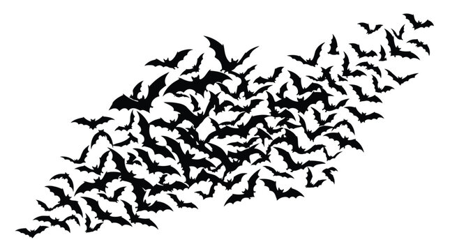 Swarm of bats flying in a group, vector illustration of a flock of bats