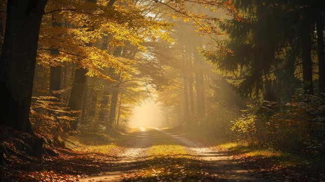 Sunlit autumn forest path with golden leaves and soft mist creating a peaceful natural landscape