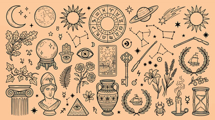 Set of esoteric and mystical elements, hand drawn vector illustrations of celestial bodies, tarot card, crystal ball, ancient statue, and occult symbols © Hikari Vector Studio