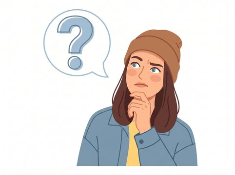 Young woman looking thoughtful with a confused expression and a question mark icon symbolizing uncertainty or problem solving. Vector isolated on white