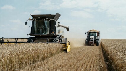 Obraz premium Combine and tractor working together harvesting wheat field
