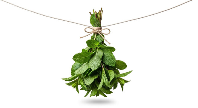 Fresh green mint bunch tied with twine hanging on white background for cooking and herbal use