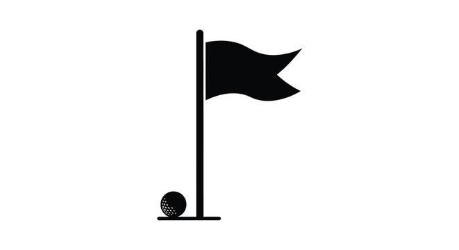 Simple black and white illustration of a golf flag and ball