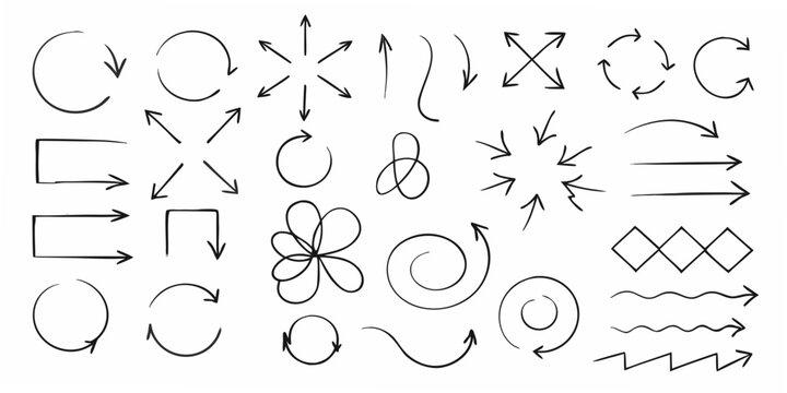 Collection of hand drawn arrows loops and geometric shapes on white