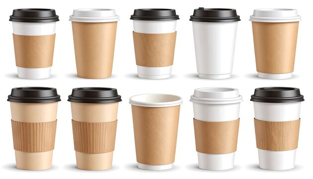 Assortment of paper beverage containers with lids and protective sleeves, rendered in a realistic, eye-level illustration