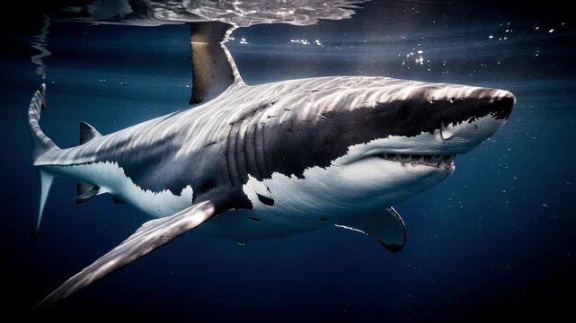 Close up of a great white shark swimming underwater in deep blue ocean