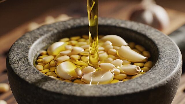 Fresh garlic cloves and pine nuts being drizzled with olive oil inside mortar