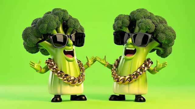 Funny cartoon broccoli characters wearing sunglasses and gold chains on bright green background