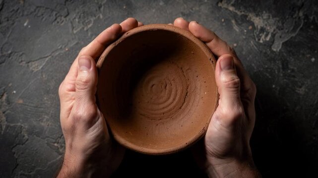 Hands holding empty rustic clay bowl on textured dark surface with natural light