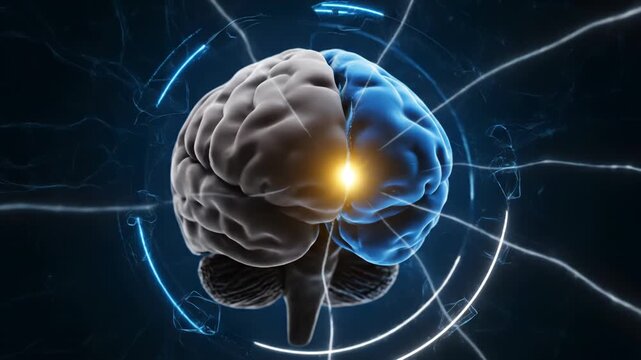 Realistic 3D rendering of a human brain with a bright glowing central core and blue-lit right hemisphere, surrounded by digital neon rings on a dark blue textured background.
