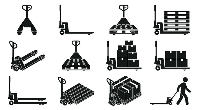 Collection of black silhouette pallet jack icons depicting various uses, such as moving empty pallets, loaded pallets, and boxes, presented in a graphic style