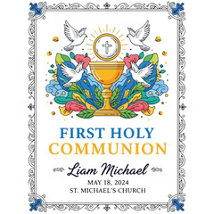 Obraz premium First Holy Communion announcement with dove, cross, and chalice