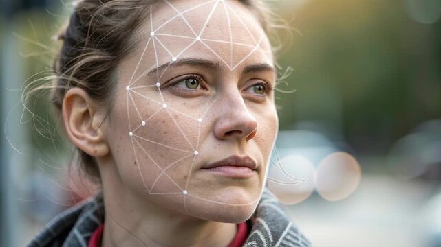 Vintage black and white photo of news anchor concept. Closeup of young woman with facial recognition technology overlay in outdoor urban setting
