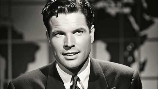 Vintage black and white photo of news anchor concept. Retro black and white image of a male news anchor broadcasting in front of a world map background