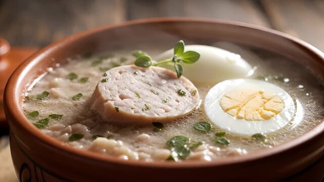 Delicious Polish White Borscht Soup with Sausage and Egg.