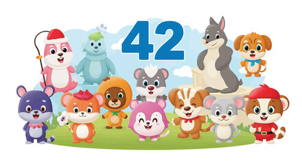 Naklejka premium A group of cartoon animals standing on green grass with number 42