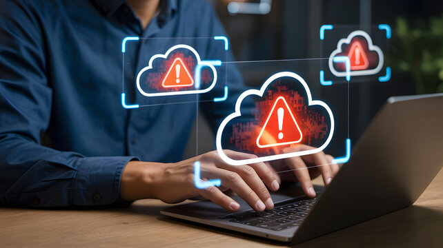 A person uses a laptop with digital cloud icons displaying critical security warning signs indicating potential data risks