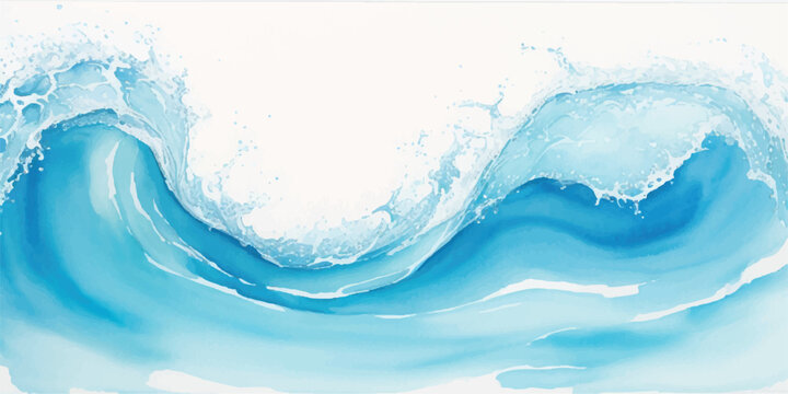 Dynamic watercolor painting captures the powerful surge of a breaking ocean wave with detailed splashes and foam against a clean white background