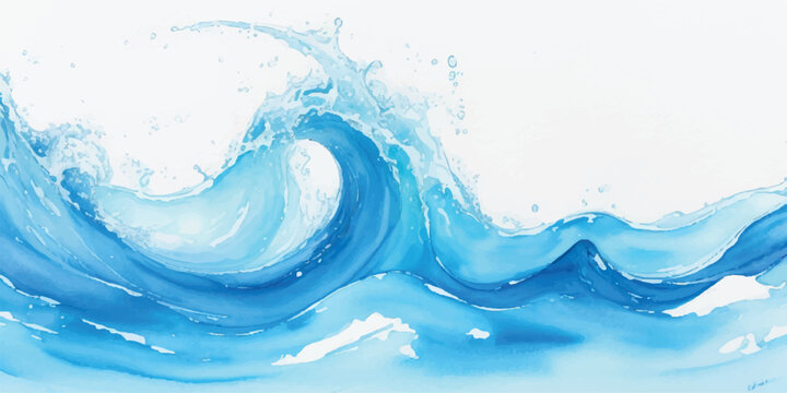 Dynamic watercolor painting of a powerful ocean wave breaking with foamy spray against a clean white background evoking a sense of motion and natures raw energy