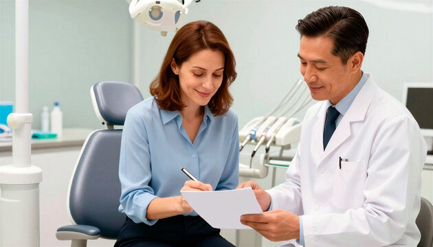 Patient signs a consent form for dental treatment with a dentist in a modern clinic
