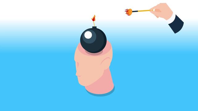 Mental Health Crisis and Emotional Burnout Concept with Bomb Inside Human Head and Lighting Match 3d animation cartoon