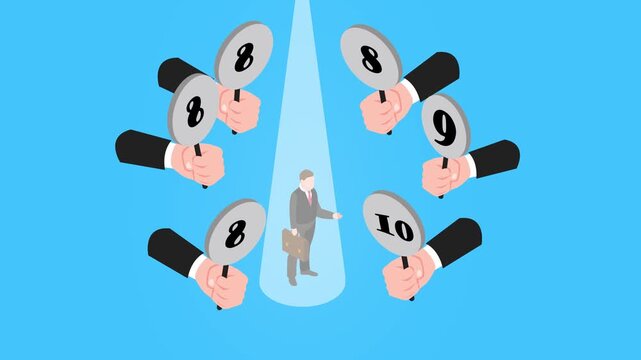 Businessman in Spotlight with Performance Evaluation Score Paddles 3d animation cartoon