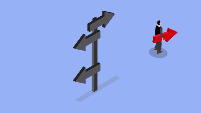 Businessman Carrying Red Arrow Away From Signpost for Unique Career Path and Innovation 3d animation cartoon
